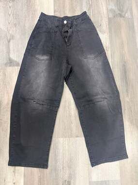 High Rise Black Barrel Leg Utility Jeans